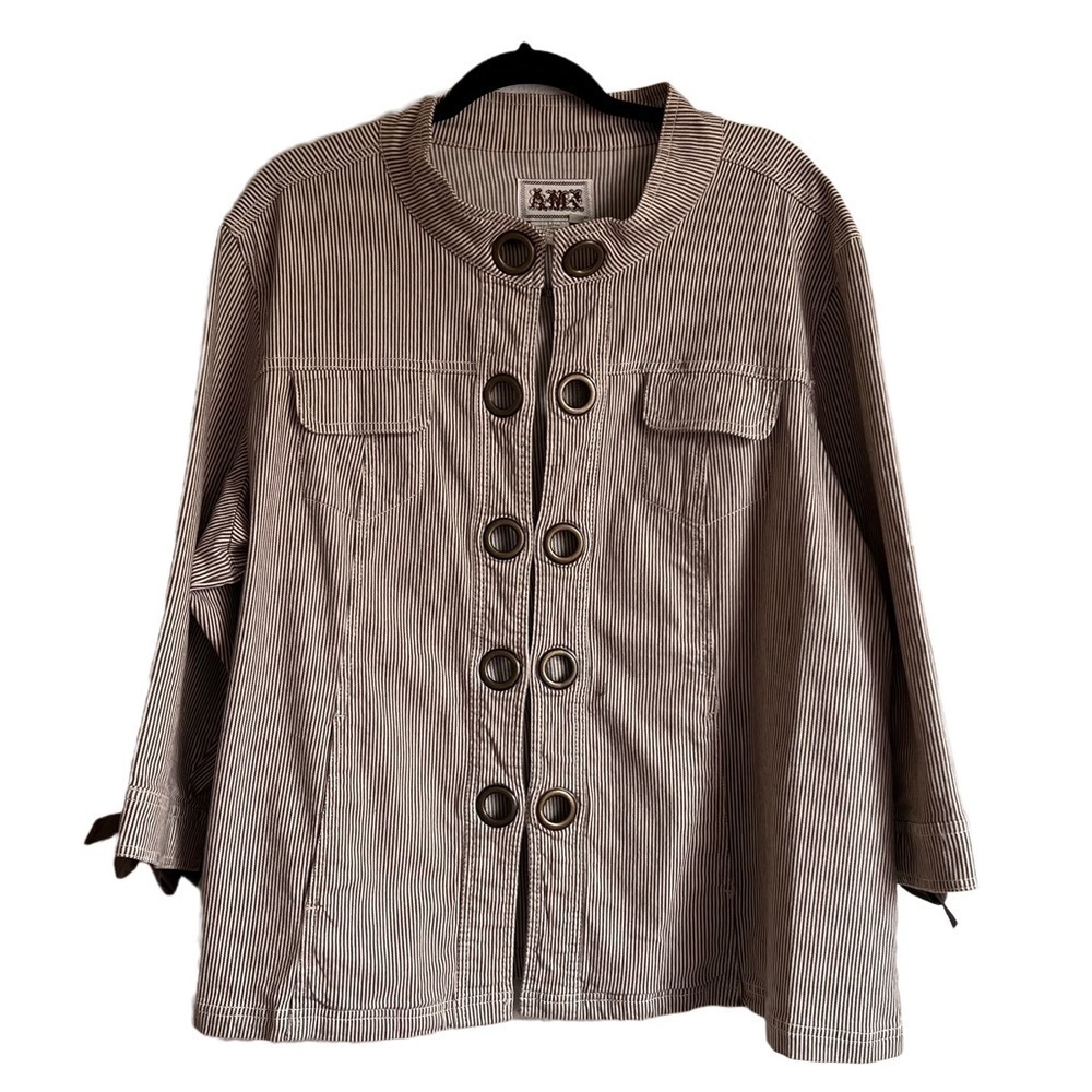 Amx Grommet Utility Jacket striped brown/cream with brown Ties, 98% cotton,2X